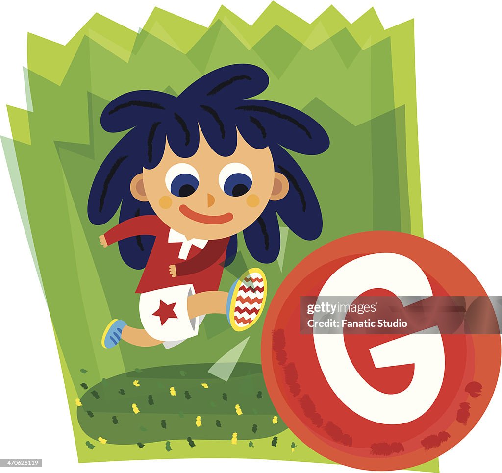Illustration of girl kicking soccer ball with letter G over white background