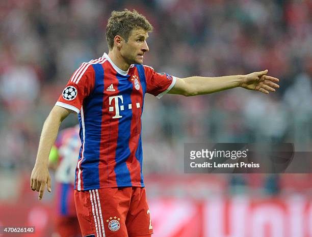 Thomas Mueller of Munich gestures during the UEFA Champions League quarter final second leg match between FC Bayern Muenchen and FC Porto at Allianz...