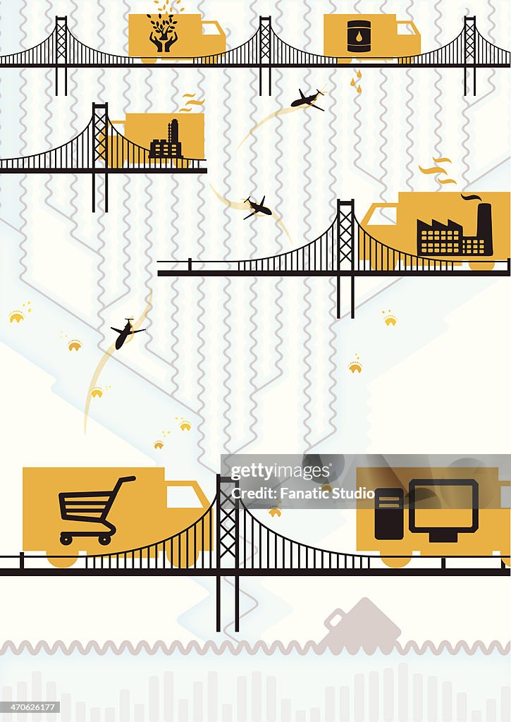 Illustration of trucks on bridge