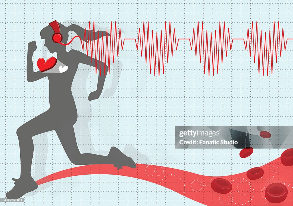 Illustrative image of woman running while listening music representing healthy lifestyle