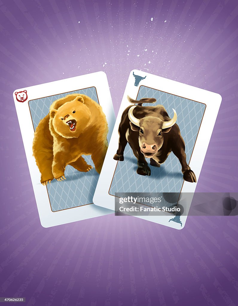 Illustrative image of bull and bear on playing card representing gambling in stock market