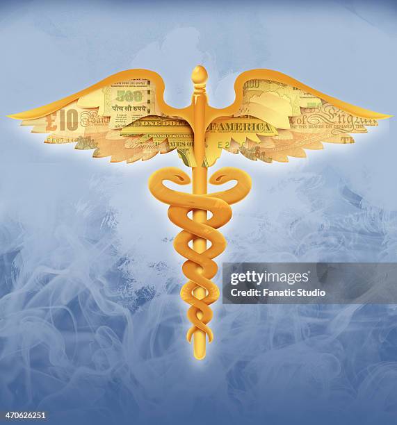 illustrative image of caduceus symbol with currency wings representing medical cost - gold caduceus stock-grafiken, -clipart, -cartoons und -symbole
