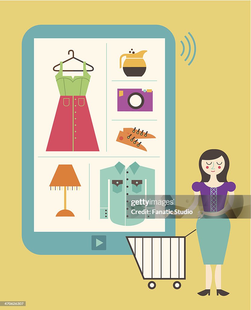 Illustrative image of woman with shopping cart standing by digital tablet representing online shopping