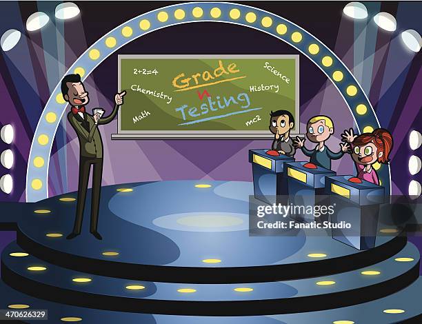 illustration of host and children in quiz competition - intercom stock illustrations