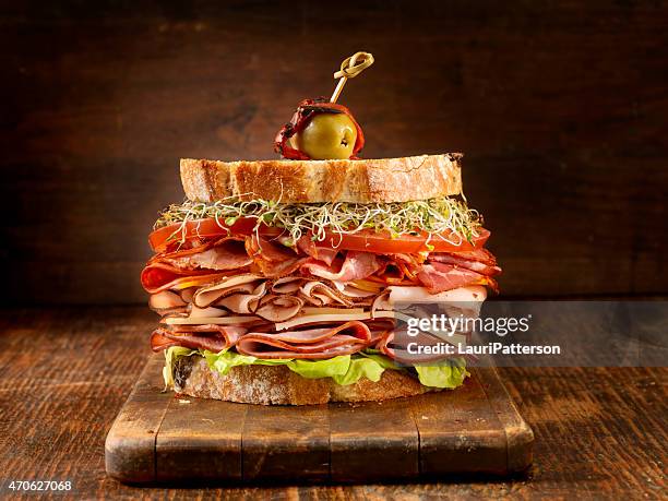 turkey and ham deli sandwich - large cucumber stockfoto's en -beelden