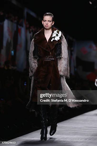 Model Lily McMenamy walks the runway during the Fendi show as part of Milan Fashion Week Womenswear Autumn/Winter 2014 on February 20, 2014 in Milan,...