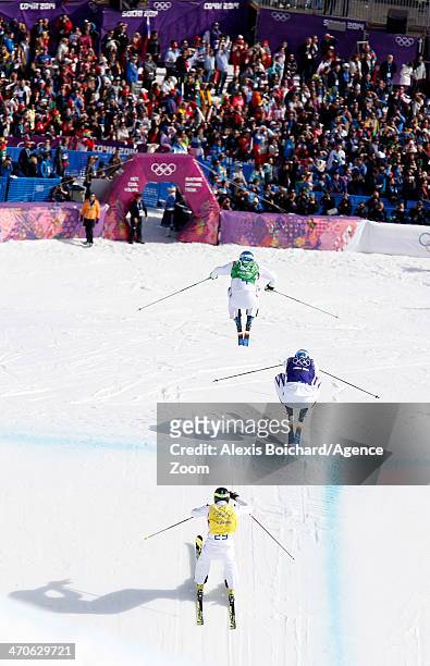 Jean Frederic Chapuis of France, Arnaud Bovolenta of France and Jonathan Midol of France compete in the Freestyle Skiing Men's Ski Cross at the Rosa...