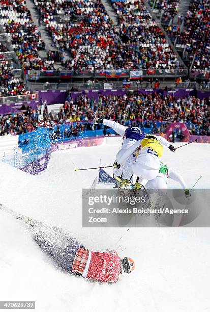 Jean Frederic Chapuis of France, Arnaud Bovolenta of France and Jonathan Midol of France compete in the Freestyle Skiing Men's Ski Cross at the Rosa...