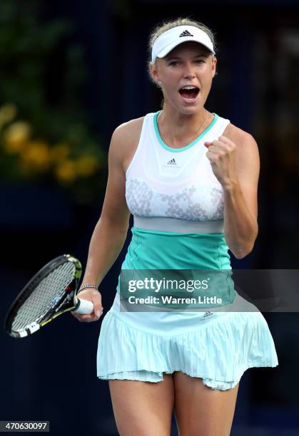 Caroline Wozniacki of Denmark celebrates beating Sorana Cirstea of Romania during day four of the WTA Dubai Duty Free Tennis Championships at the...