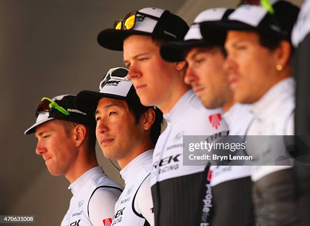 Fumiyuki Beppu of Japan and Trek Factory Racing stands alongside team mates at the start in Waremme during the 79th La Fleche Wallonne from Waremme...