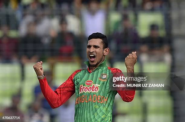 Bangladesh cricketer Nasir Hossain reacts after the dismissal of the Pakistan cricketer Sami Aslam during the third One Day International cricket...