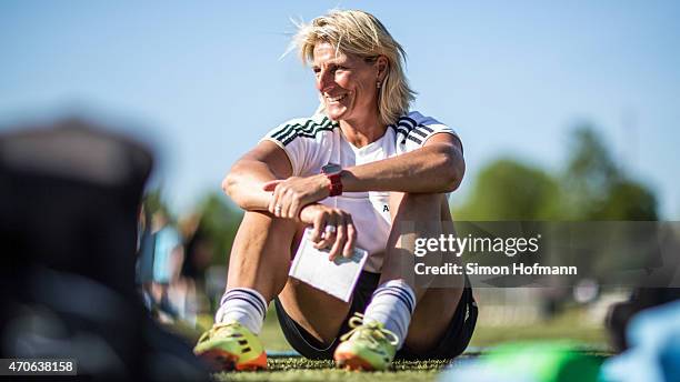 Silke Rottenberg gestures a MFFC Wiesbaden Goalkeeping Training Session on April 21, 2015 in Wiesbaden, Germany.