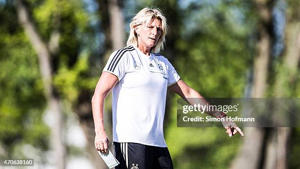 Silke Rottenberg gestures a MFFC Wiesbaden Goalkeeping Training Session on April 21, 2015 in Wiesbaden, Germany.