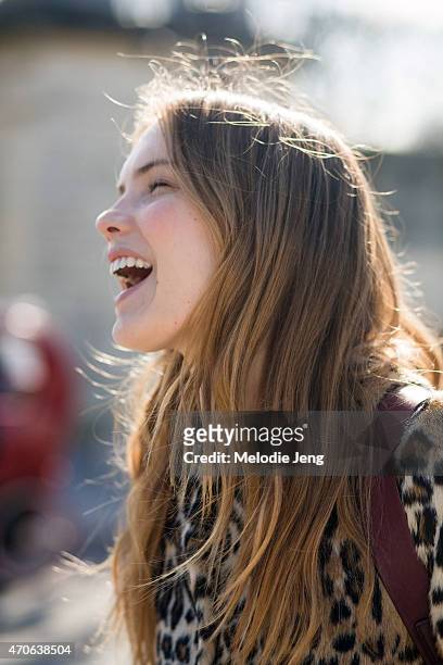 Model Avery Tharp exits the Carven show in a Topshop jacket Day 3 of Paris Fashion Week FW15 on March 5, 2015 in Paris, France.