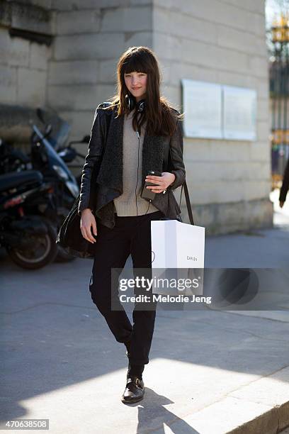 Model Angela Longton exits the Carven show at the Tuileries on Day 3 of Paris Fashion Week FW15 on March 5, 2015 in Paris, France.