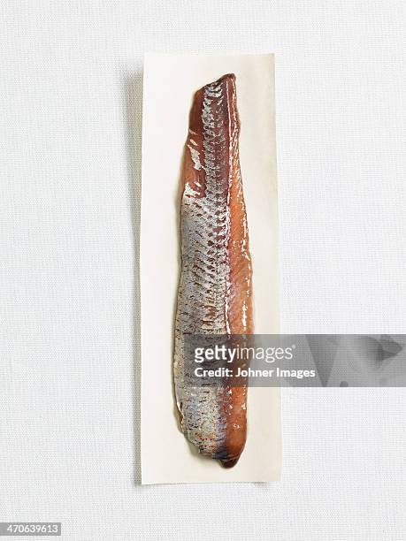 sweet-pickled herring on paper, studio shot - aringa foto e immagini stock