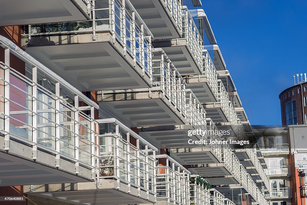 Low angle view of building with balconies, Stockholm, Sweden