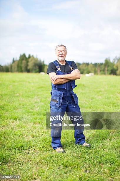senior farmer standing on field, smaland, sweden - salopette photos et images de collection