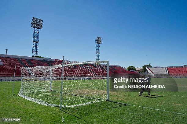 View of the football field of the Novelli Junior stadium in Itu, some 100 km from Sao Paulo, which will host Russia's national football team during...