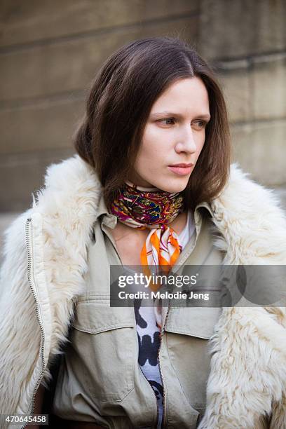 Model Ella Zadavysvichka exits the Haider Ackermann show at Couvent des Cordeliers on Day 5 of Paris Fashion Week PFW15 on March 7, 2015 in Paris,...