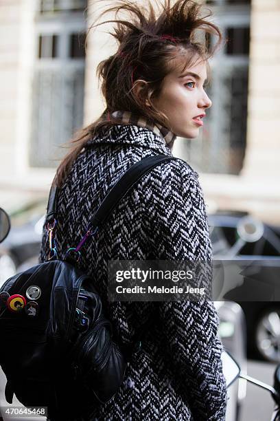 Model Grace Hartzel exits the Haider Ackermann show in hair by Katsuya Kamo on Day 5 of Paris Fashion Week PFW15 on March 7, 2015 in Paris, France.