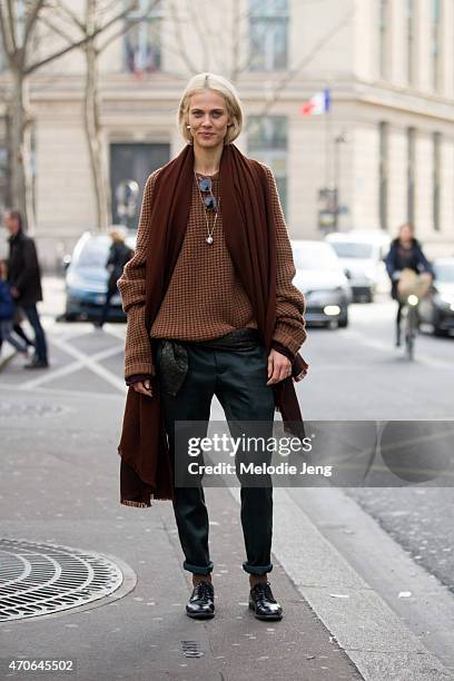 Aymeline Valade exits the Haider Ackermann show in a Haider Ackermann outfit on Day 5 of Paris Fashion Week PFW15 on March 7, 2015 in Paris, France.
