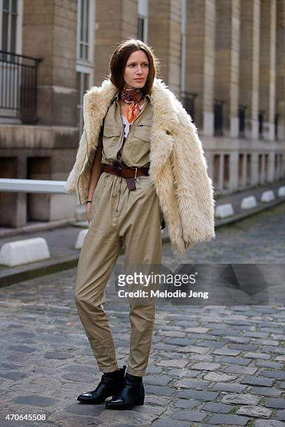 Model Ella Zadavysvichka exits the Haider Ackermann show at Couvent des Cordeliers on Day 5 of Paris Fashion Week PFW15 on March 7, 2015 in Paris,...