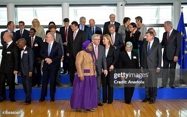 African Union Commission Chairperson Nkosazana Dlamini-Zuma and European Commission President Jean-Claude Juncker pose with the members of the two...