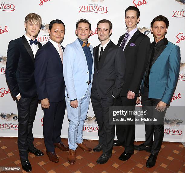 Josh Canfield, Julius Sermonica, Robert Hager, Joseph Medeiros, Spencer Moses and Julian Cihi attend the Broadway Opening Night After Party for...