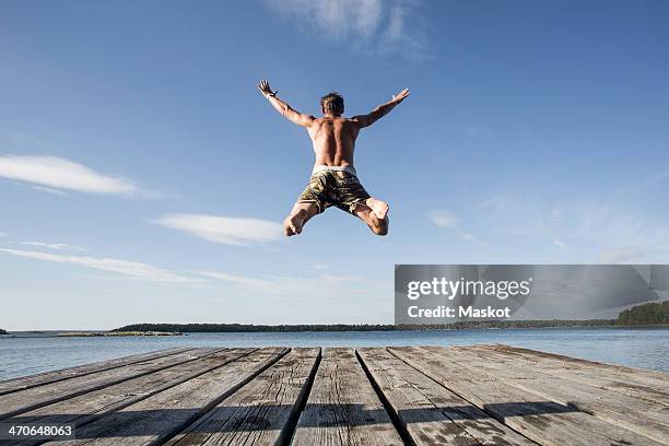 rear view of mature man diving into sea - taking the plunge 個照片及圖片檔