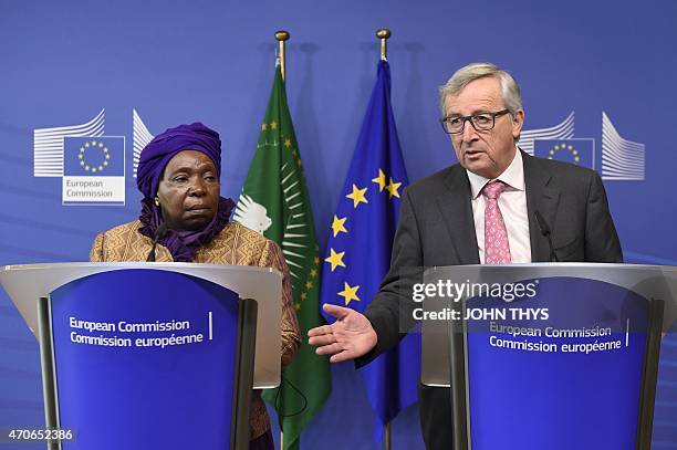 European Commission's President Jean-Claude Juncker and African Union Commission's president Nkosazana Dlamini-Zuma on April 22, 2015 after their...