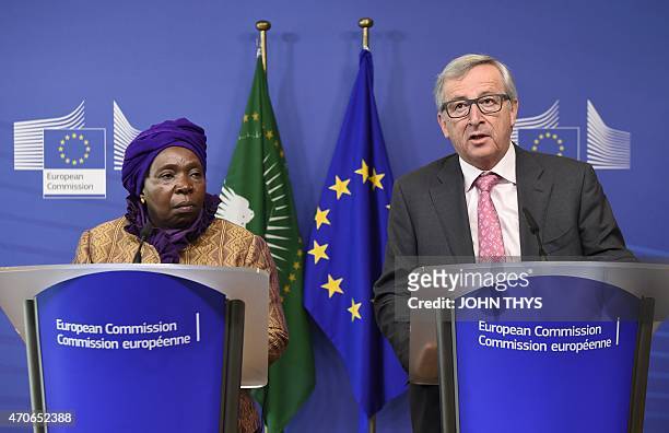European Commission's President Jean-Claude Juncker and African Union Commission's president Nkosazana Dlamini-Zuma on April 22, 2015 after their...