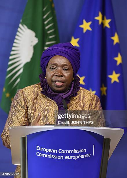 African Union Commission's president Nkosazana Dlamini-Zuma talks during a joint press with European Commission's president on April 22, 2015 after...
