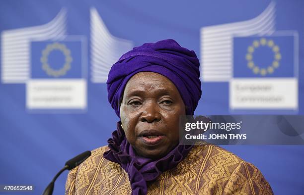 African Union Commission's president Nkosazana Dlamini-Zuma talks during a joint press conference with European Commission's president on April 22,...