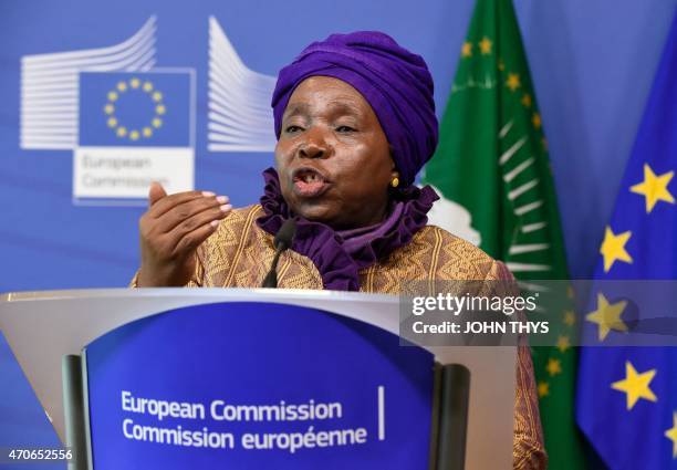 African Union Commission's president Nkosazana Dlamini-Zuma talks during a joint press conference with European Commission's president on April 22,...