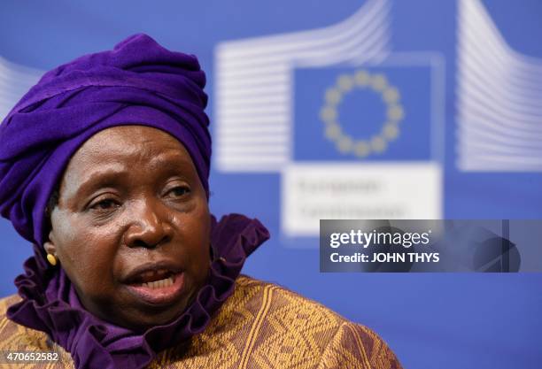 African Union Commission's president Nkosazana Dlamini-Zuma talks during a joint press conference with European Commission's president on April 22,...