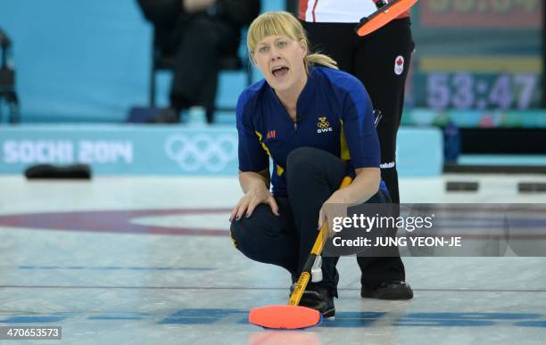 Sweden's Maria Prytz reacts during the Women's Curling Gold Medal Game Sweden vs Canada at the Ice Cube Curling Center during the Sochi Winter...