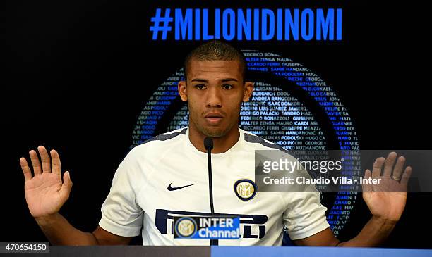 Juan Jesus speaks to the media during an FC Internazionale Press Conference at Appiano Gentile on April 22, 2015 in Como, Italy.