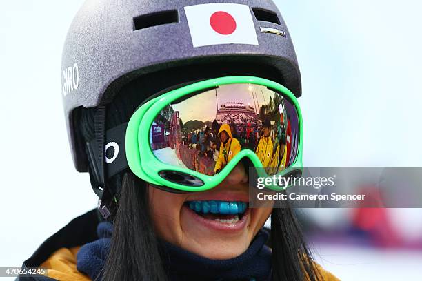 Manami Mitsuboshi of Japan smiles during practice ahead of the Freestyle Skiing Ladies' Ski Halfpipe Qualification on day thirteen of the 2014 Winter...