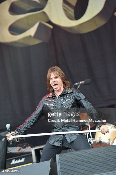 Frontman Joey Tempest of Swedish hard rock group Europe performing live on the Zippo Encore Stage at Download Festival on June 14, 2013.