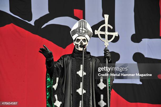 Frontman Papa Emeritus of Swedish hard rock group Ghost performing live on the Zippo Encore Stage at Download Festival on June 16, 2013.