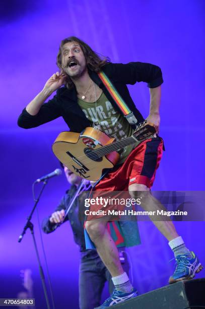 Frontman Eugene Hutz of Gypsy punk group Gogol Bordello performing live on the Zippo Encore Stage at Download Festival on June 14, 2013.