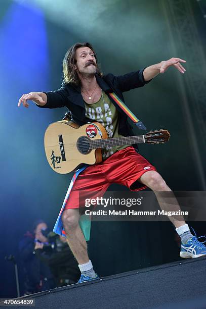 Frontman Eugene Hutz of Gypsy punk group Gogol Bordello performing live on the Zippo Encore Stage at Download Festival on June 14, 2013.