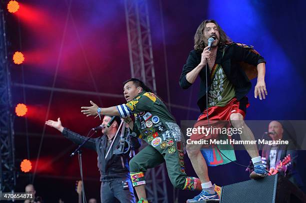 Frontman Eugene Hutz and MC Pedro Erazo of Gypsy punk group Gogol Bordello performing live on the Zippo Encore Stage at Download Festival on June 14,...