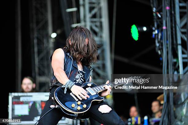 Guitarist Sid Glover of British hard rock group Heaven's Basement performing live on the Zippo Encore Stage at Download Festival on June 15, 2013.