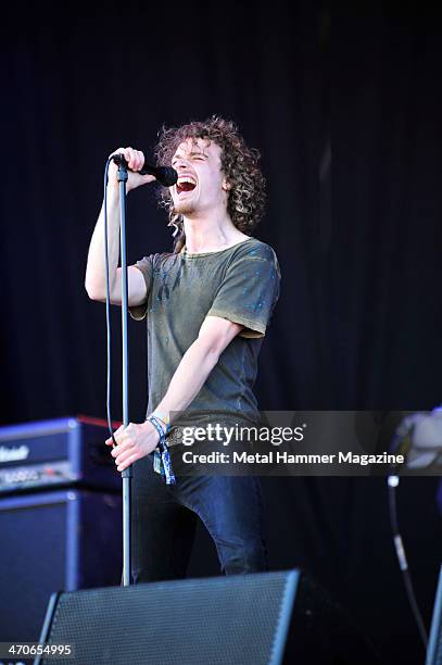 Frontman Aaron Buchanan of British hard rock group Heaven's Basement performing live on the Zippo Encore Stage at Download Festival on June 15, 2013.