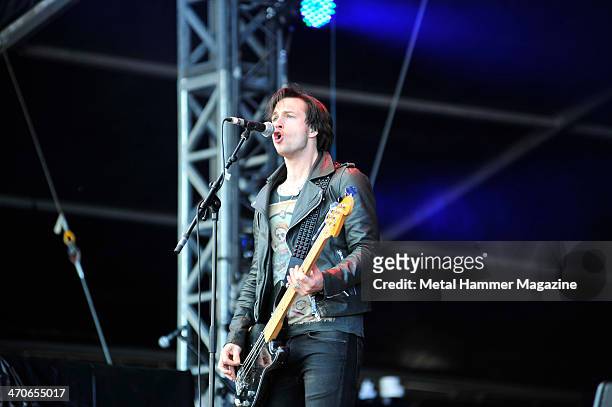 Bassist Rob Ellershaw of British hard rock group Heaven's Basement performing live on the Zippo Encore Stage at Download Festival on June 15, 2013.
