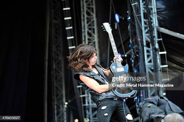 Guitarist Sid Glover of British hard rock group Heaven's Basement performing live on the Zippo Encore Stage at Download Festival on June 15, 2013.