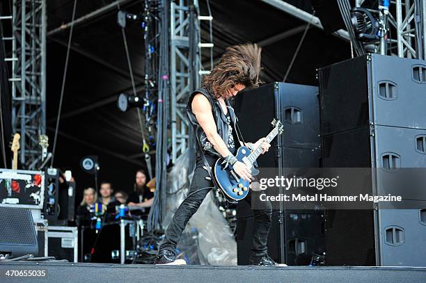 Guitarist Sid Glover of British hard rock group Heaven's Basement performing live on the Zippo Encore Stage at Download Festival on June 15, 2013.