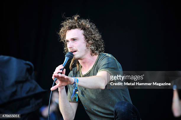 Frontman Aaron Buchanan of British hard rock group Heaven's Basement performing live on the Zippo Encore Stage at Download Festival on June 15, 2013.